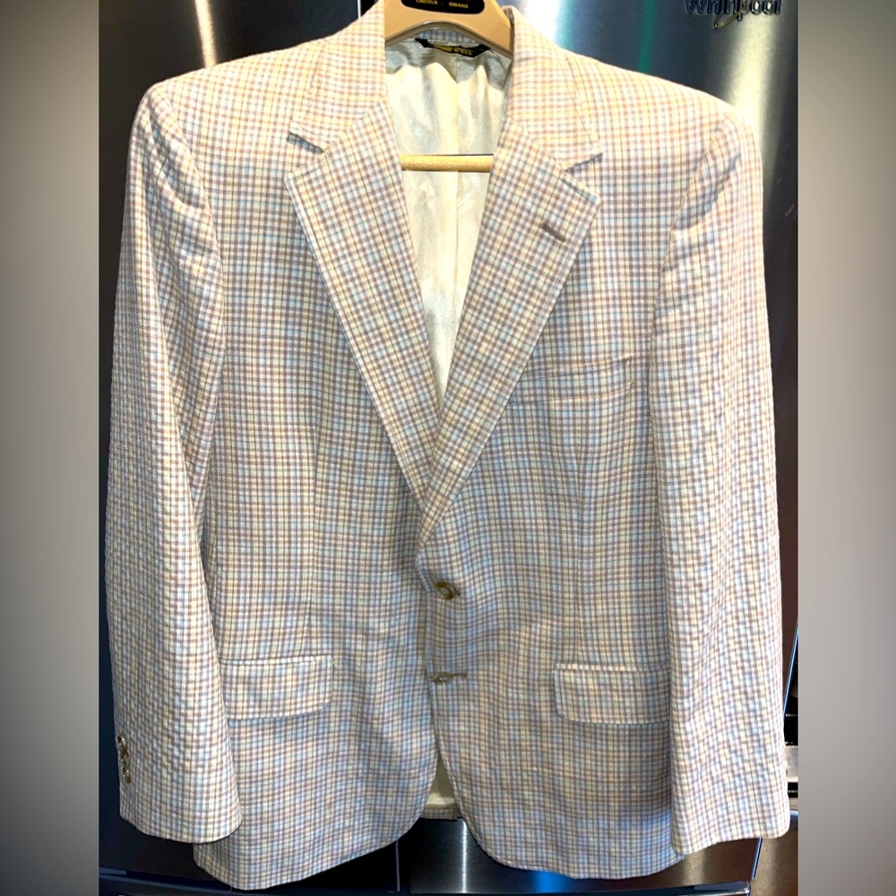 Johnny Carson TAN 41R BLAZER Brown Blue Plaid Light Colors WOOL blend 2 Buttons